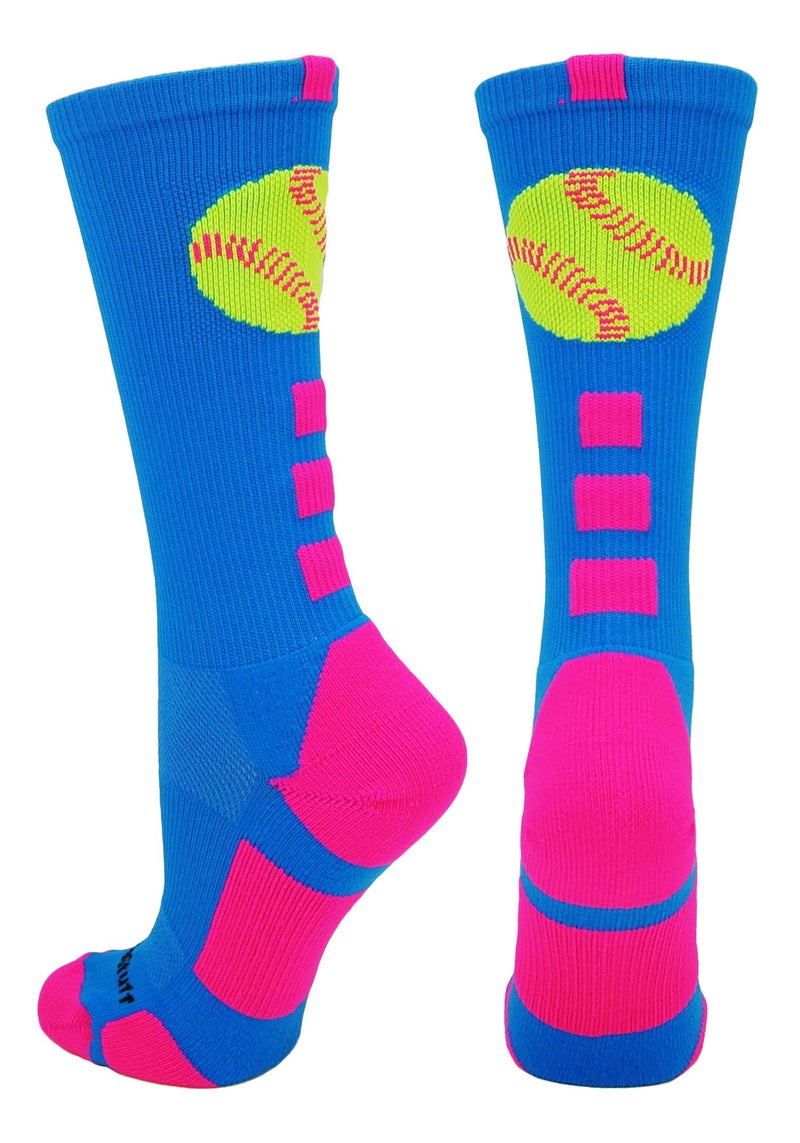 MadSportsStuff Softball Logo Crew Socks (Electric Blue/Neon Pink, Small) - Image 1